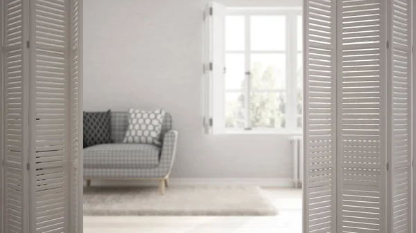 White folding door opening on modern scandinavian living room with big panoramic window, white interior design, architect designer concept, blur background