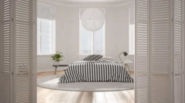 White folding door opening on modern scandinavian bedroom with panoramic windows, white interior design, architect designer concept, blur background