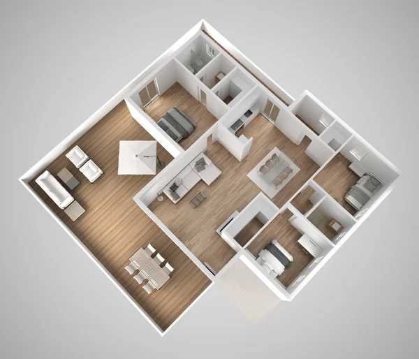 Apartment Flat Top View Furniture Decors Plan Cross Section Interior — Stock Photo, Image