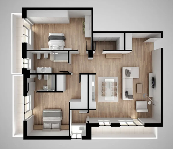 Apartment flat top view, furniture and decors, plan, cross section interior design, architect designer concept idea, gray background