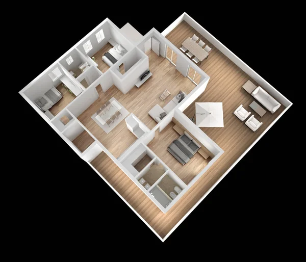 Apartment flat top view, furniture and decors, plan, cross section interior design, architect designer concept idea, dark black background