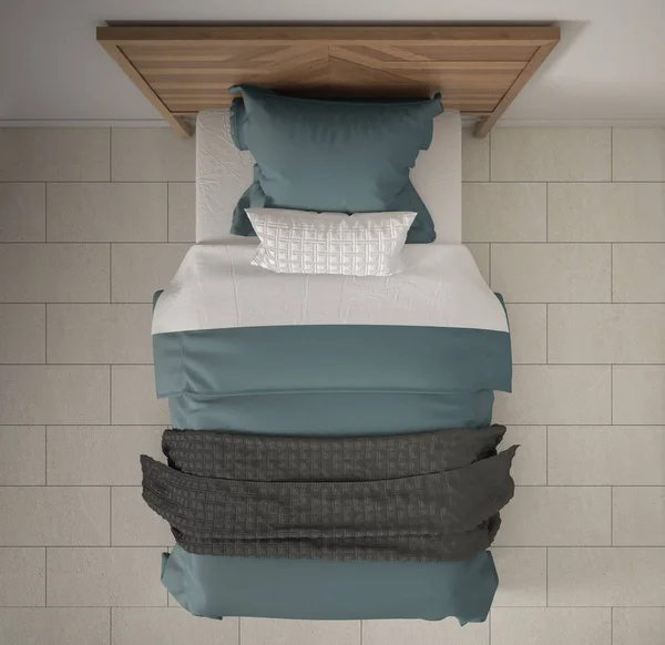 Современная Спальня Вид Сверху Односпальная Деревянная Голубая Кровать Мраморный Пол — стоковое фото