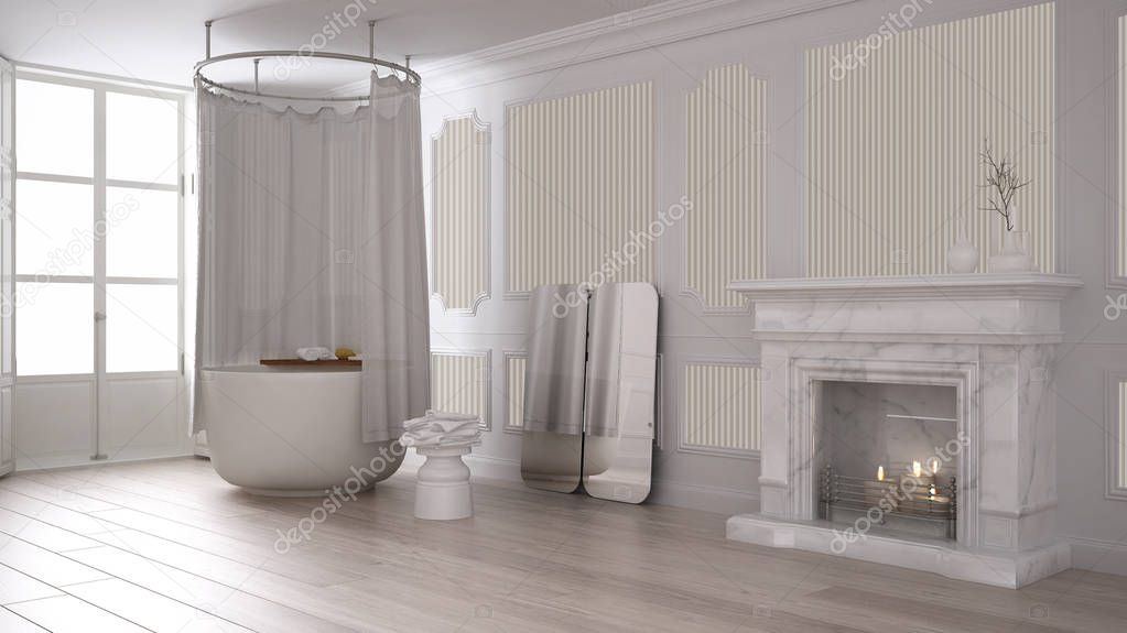 Vintage bathroom in classic space with old fireplace and parquet floor, modern interior design
