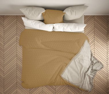 İskandinav klasik yatak odası, üstten görünüm, closeup çift beyaz ve sarı yatakta, parke zemin, çağdaş modern iç mekan tasarımları