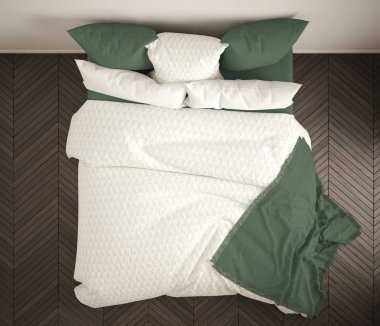 İskandinav klasik yatak odası, üstten görünüm, closeup çift beyaz ve yeşil yatakta, parke zemin, çağdaş modern iç mekan tasarımları