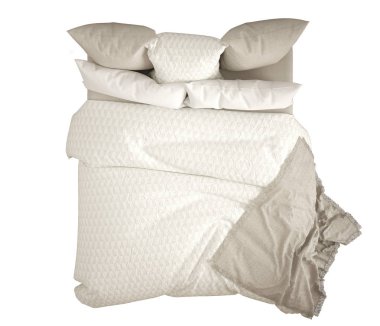 İskandinav klasik modern çift kişilik yatak yastık, üstten görünüm, izole üzerinde beyaz arka plan, beyaz ve krem iç tasarım