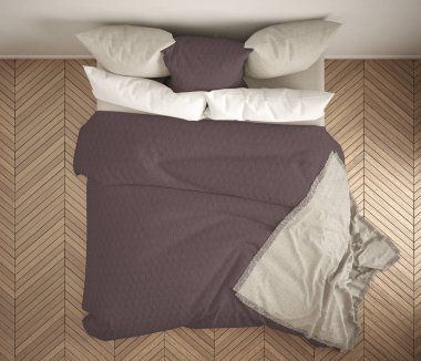 İskandinav klasik yatak odası, üstten görünüm, closeup çift beyaz ve kırmızı yatakta, parke zemin, çağdaş modern iç mekan tasarımları