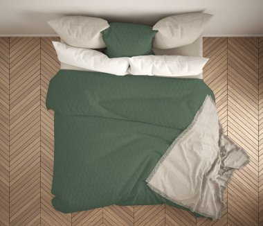 İskandinav klasik yatak odası, üstten görünüm, closeup çift beyaz ve yeşil yatakta, parke zemin, çağdaş modern iç mekan tasarımları