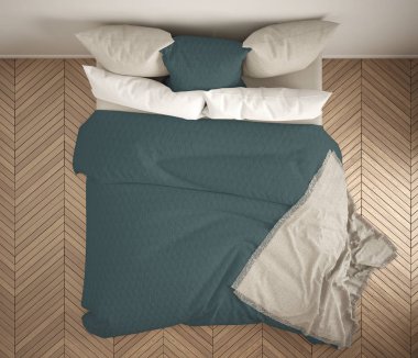 İskandinav klasik yatak odası, üstten görünüm, closeup çift beyaz ve mavi yatakta, parke zemin, çağdaş modern iç mekan tasarımları