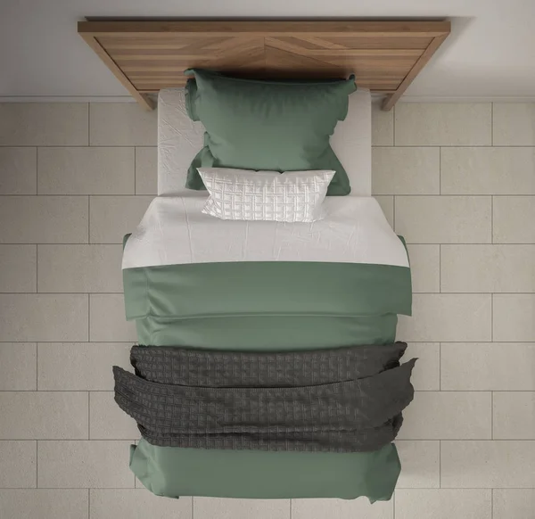 Moderne Slaapkamer Bovenaanzicht Close Groepophoogniveauinzake Houten Grijze Groene Bed Marmeren — Stockfoto