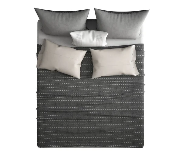 现代双人床 带枕头 顶部视图 在白色背景下 灰色和奶油室内设计隔离 — 图库照片