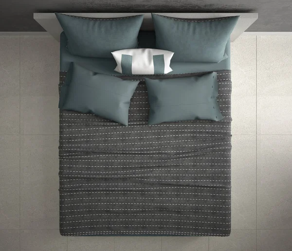 Современная Спальня Вид Сверху Двуспальная Кровать Синяя Кровать Мраморный Пол — стоковое фото