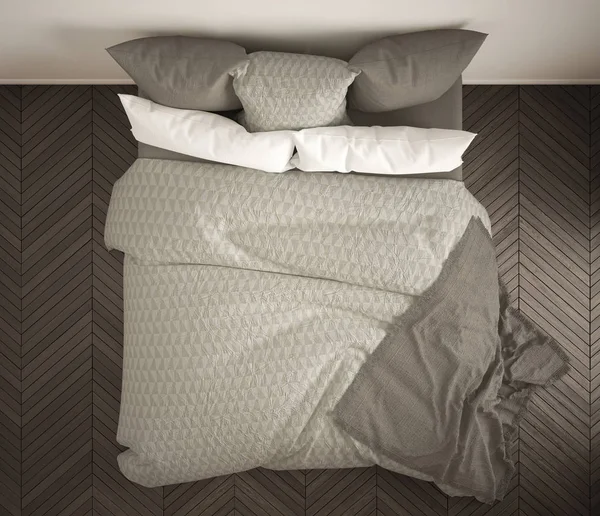 Классическая Спальня Вид Сверху Двуспальная Кровать Белого Кремового Цветов Паркетный — стоковое фото