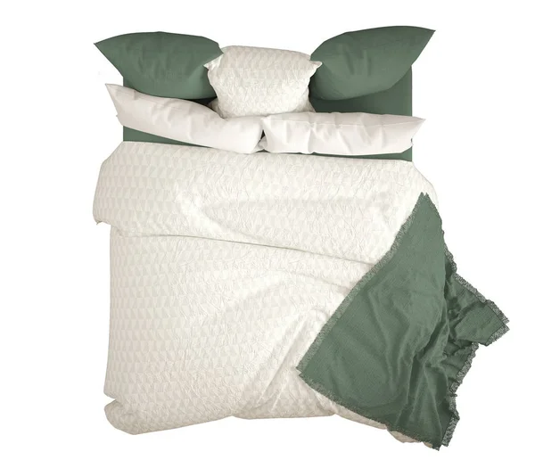 斯堪的纳维亚经典现代双人床 带枕头 顶部视图 在白色背景下隔离 白色和绿色室内设计 — 图库照片