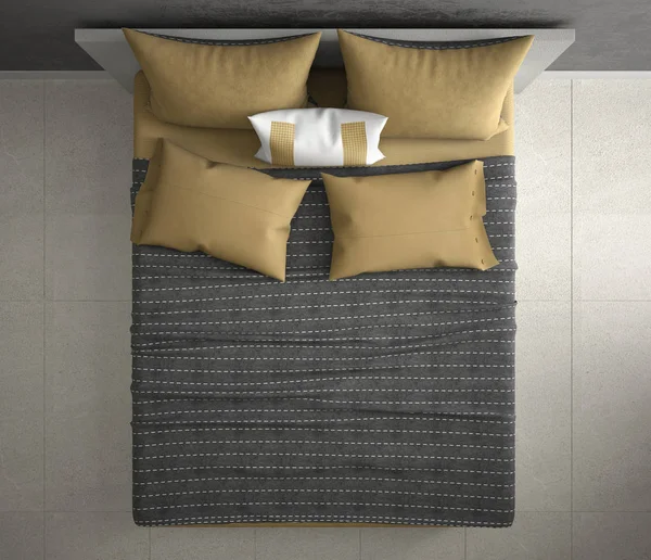 Современная Спальня Вид Сверху Двуспальная Кровать Желтая Кровать Мраморный Пол — стоковое фото