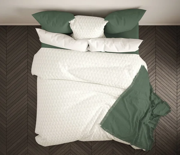 İskandinav klasik yatak odası, üstten görünüm, closeup çift beyaz ve yeşil yatakta, parke zemin, çağdaş modern iç mekan tasarımları