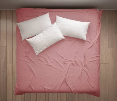 Minimalist yatak odası, üstten görünüm, closeup çift beyaz ve pembe yatakta, parke zemin, çağdaş modern iç mekan tasarımları