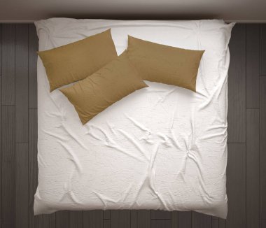 Minimalist yatak odası, üstten görünüm, closeup çift beyaz ve sarı yatakta, parke zemin, çağdaş modern iç mekan tasarımları