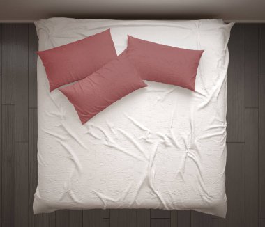 Minimalist yatak odası, üstten görünüm, closeup çift beyaz ve pembe yatakta, parke zemin, çağdaş modern iç mekan tasarımları