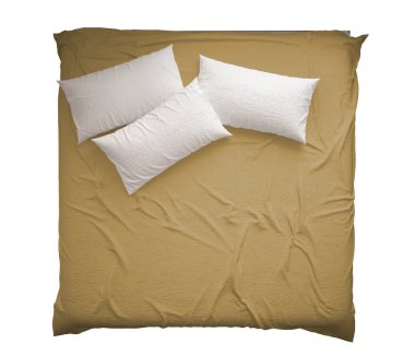 İskandinav klasik modern çift kişilik yatak yastık, üstten görünüm, izole üzerinde beyaz arka plan, beyaz ve sarı iç tasarım