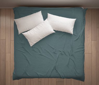 Minimalist yatak odası, üstten görünüm, closeup çift beyaz ve mavi yatakta, parke zemin, çağdaş modern iç mekan tasarımları