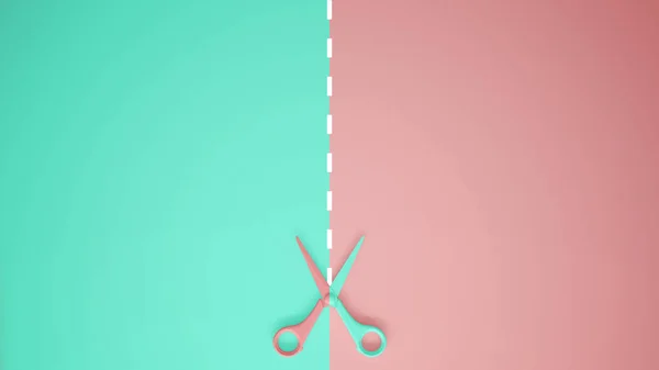 Scissors Cut Lines Pastel Turquoise Pink Colored Background Copy Space — Stock Photo, Image