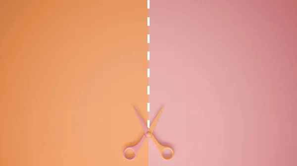 剪刀与切割线在粉彩橙色和粉红色的背景与复制空间 模板样机概念理念 — 图库照片