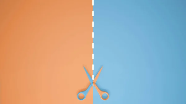 带有拷贝空间的柔和橙色和蓝色背景的剪切线剪刀 模板模型概念构思 — 图库照片
