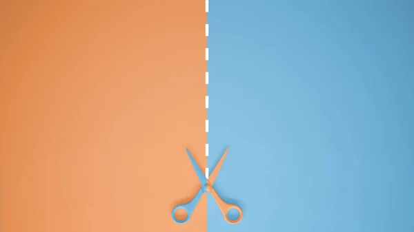 Scissors Cut Lines Pastel Orange Blue Colored Background Copy Space — Stock Photo, Image