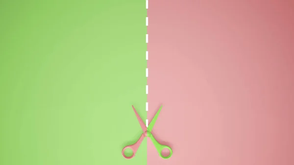 Scissors Cut Lines Pastel Green Pink Colored Background Copy Space — Stock Photo, Image