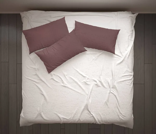 Спальня Вид Сверху Двуспальная Белая Красная Кровать Паркетный Пол Современный — стоковое фото