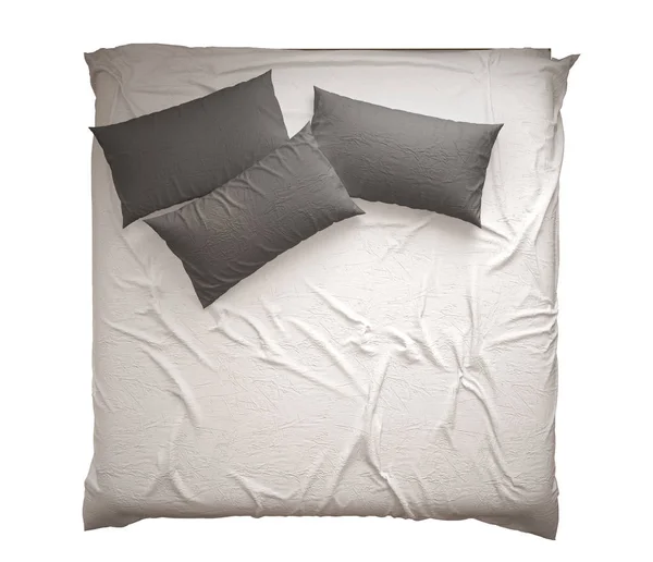 斯堪的纳维亚经典现代双人床 带枕头 顶部视图 在白色背景下隔离 白色和灰色室内设计 — 图库照片