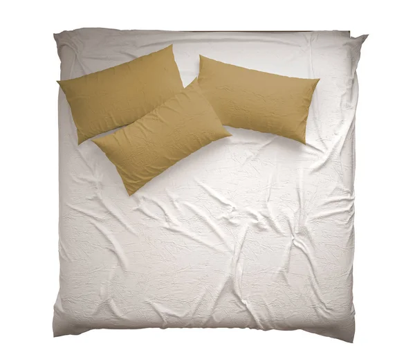 斯堪的纳维亚经典现代双人床 带枕头 顶部视图 在白色背景下隔离 白色和黄色室内设计 — 图库照片