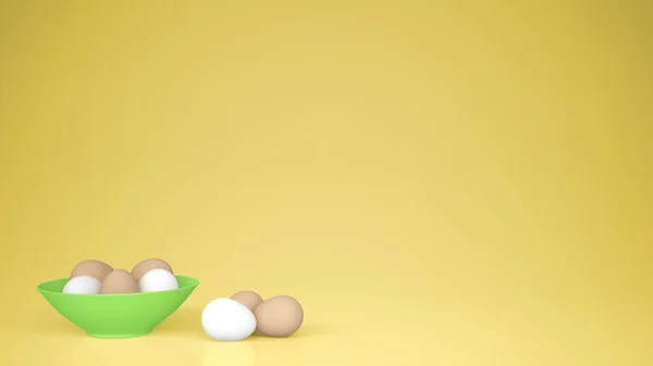 鸡蛋放入绿色杯子桌上 黄色背景与拷贝空间 早餐复活节食物概念想法 — 图库照片