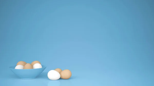 Куриные Яйца Голубую Чашку Столе Синий Фон Копировальным Пространством Идея — стоковое фото