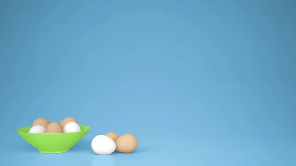 Курячі Яйця Зеленій Чашці Столі Синій Фон Місцем Копіювання Ідея — стокове фото