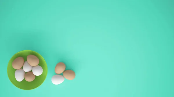 Oeufs Poulet Dans Une Tasse Verte Sur Table Fond Turquoise — Photo