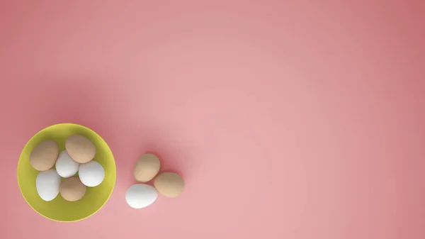 Uova Pollo Una Tazza Gialla Sul Tavolo Sfondo Rosa Con — Foto Stock