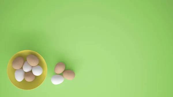 Uova Pollo Una Tazza Gialla Sul Tavolo Sfondo Verde Con — Foto Stock