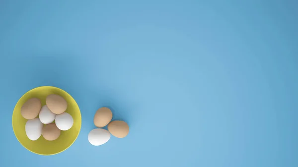 Oeufs Poulet Dans Une Tasse Jaune Sur Table Fond Bleu — Photo