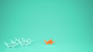 Origami turuncu kağıt vinç vinç, Grup liderlik motivasyon kavramı fikir kopyalama alanı, Turkuaz arka plan ile önde gelen