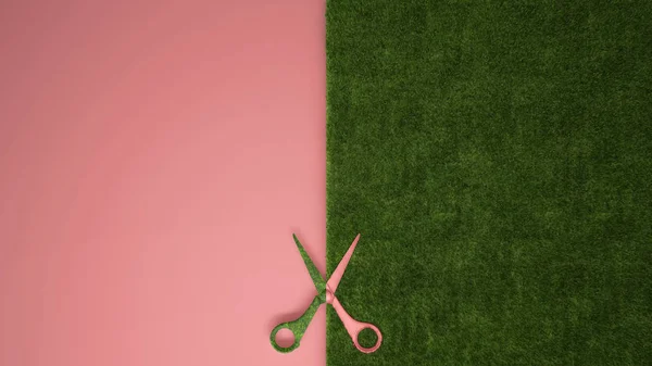 Scissors Cutting Green Grass Pastel Pink Colored Background Copy Space — Stock Photo, Image