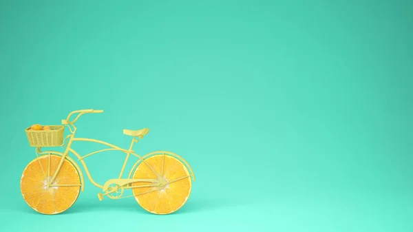 Yellow bike with sliced orange wheels, healthy lifestyle concept with turquoise pastel background copy space