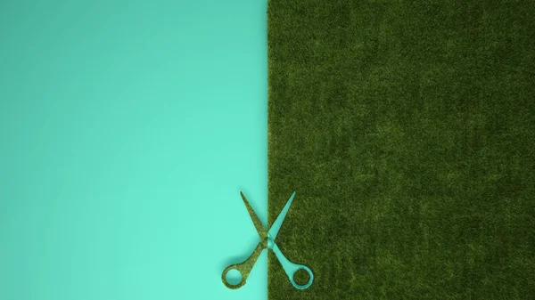 Scissors Cutting Green Grass Pastel Turquoise Colored Background Copy Space — Stock Photo, Image