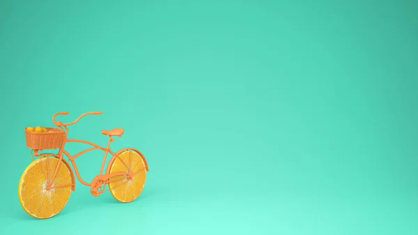 Narancssárga Kerékpár Szeletelt Narancs Kerekekkel Egészséges Életmód Fogalma Pasztell Kékre — Stock Fotó