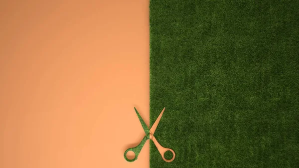 Tijeras Cortando Hierba Verde Sobre Fondo Color Naranja Pastel Con — Foto de Stock