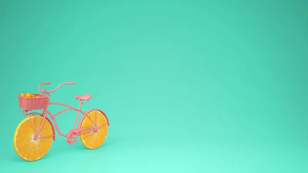 Roze Fiets Met Gesneden Oranje Wielen Gezonde Levensstijl Concept Met — Stockfoto