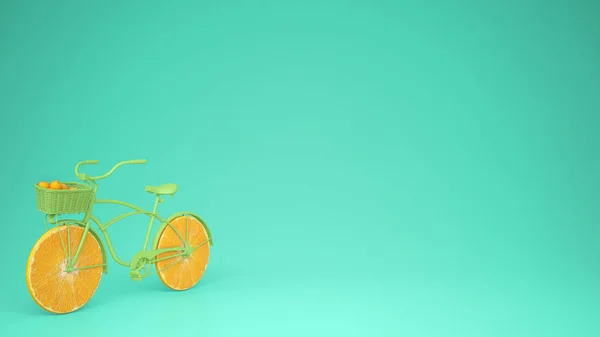 Bicicleta Verde Com Rodas Laranja Fatiadas Conceito Estilo Vida Saudável — Fotografia de Stock