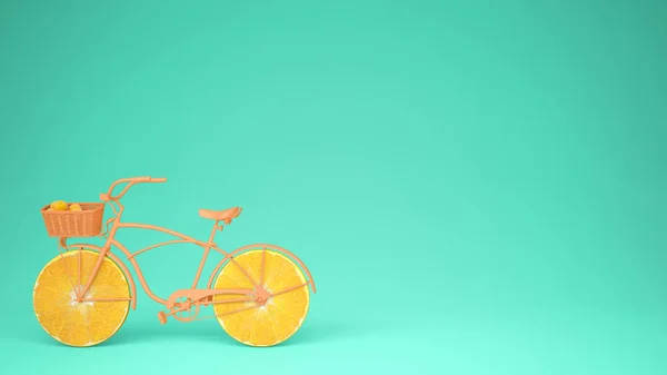 Orange bike with sliced orange wheels, healthy lifestyle concept with blue pastel background copy space