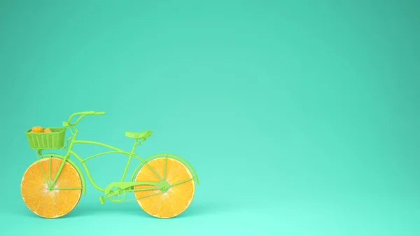 绿色自行车与切片橙色轮子 健康生活方式概念与绿松石背景复制空间 — 图库照片